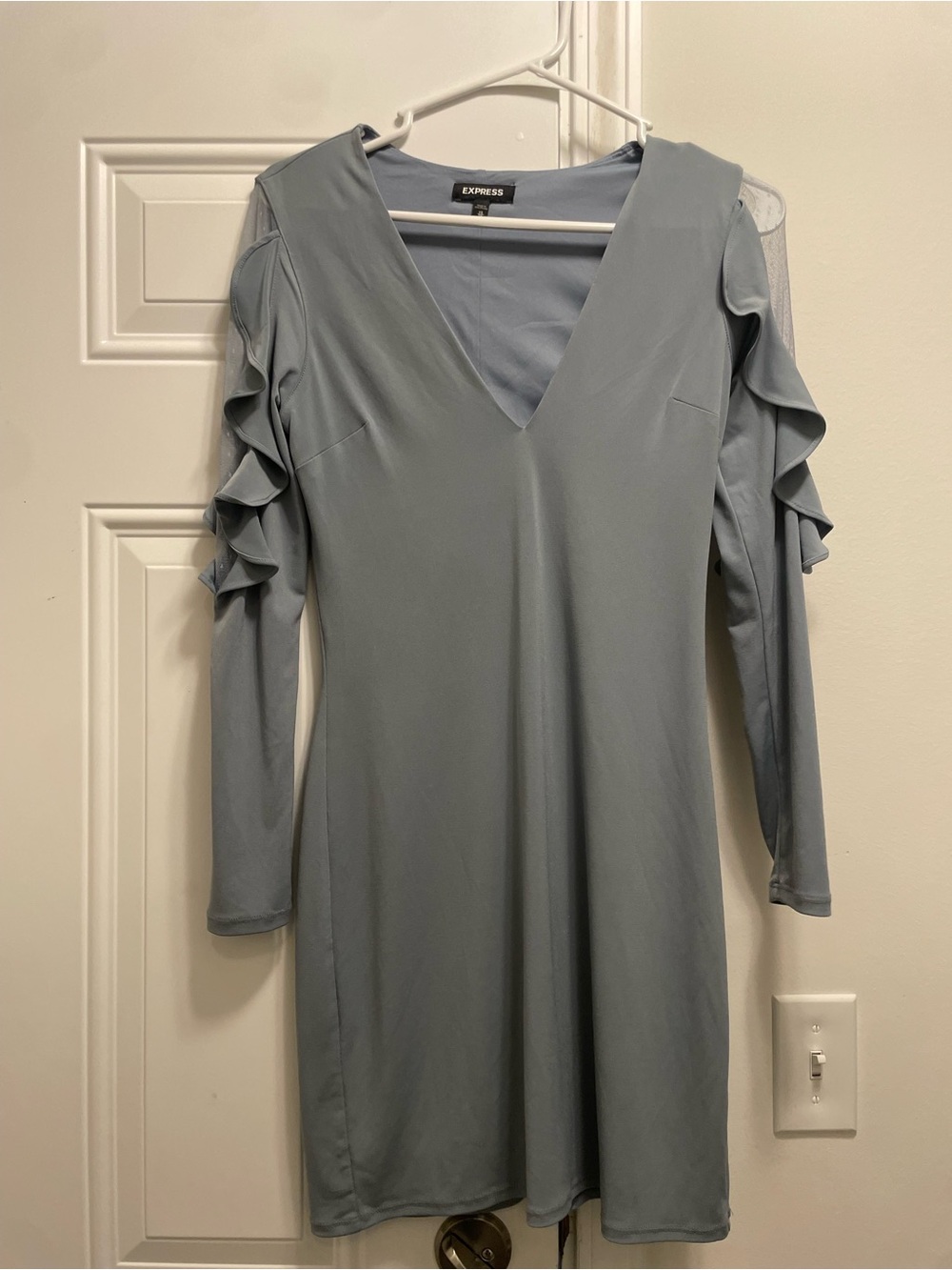 Express - Women’s Slate-Blue V-Neck Ruffle Long Sleeve Dress